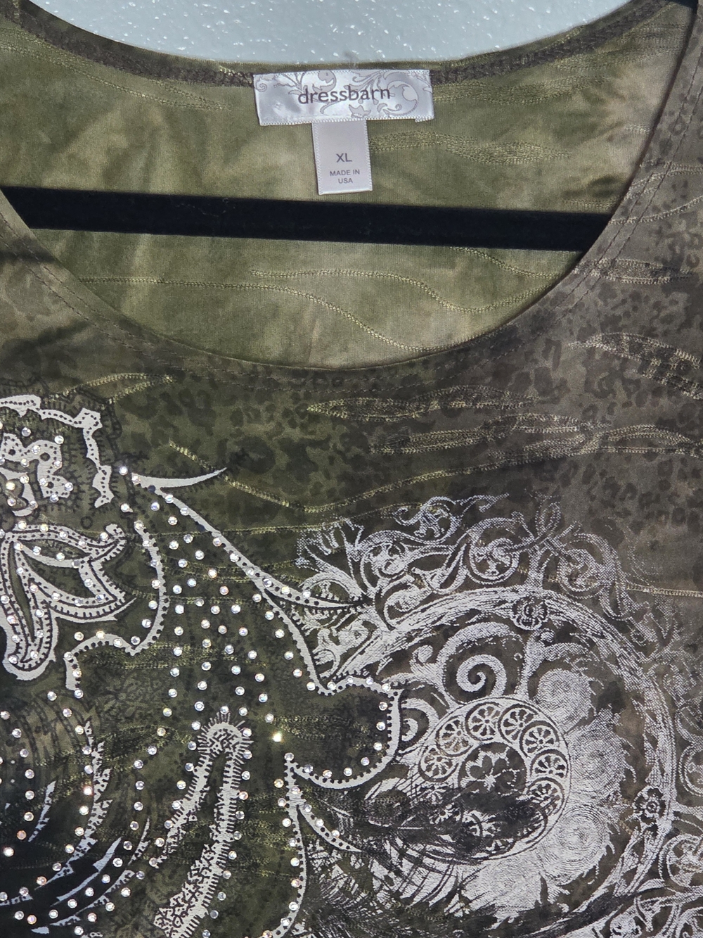 Dress Barn Olive Green/Coco Paisley Short Sleeve Tee with Rhinestones - Picture 4 of 9